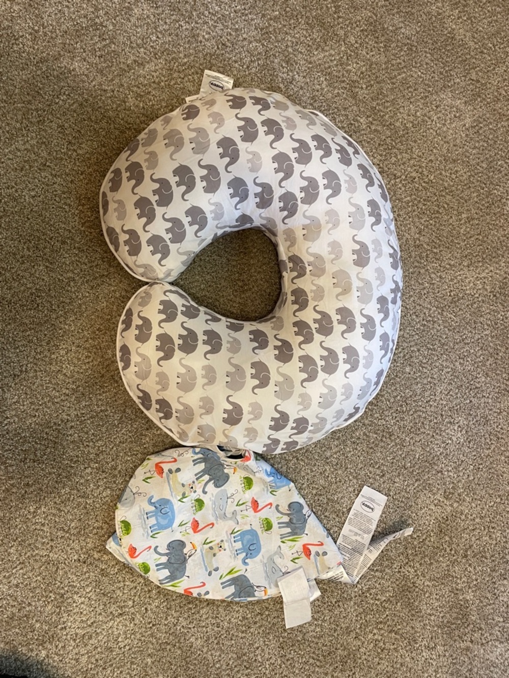 Boppy Nursing Pillow in Light Gray Elephant Print and extra Boppy Cover